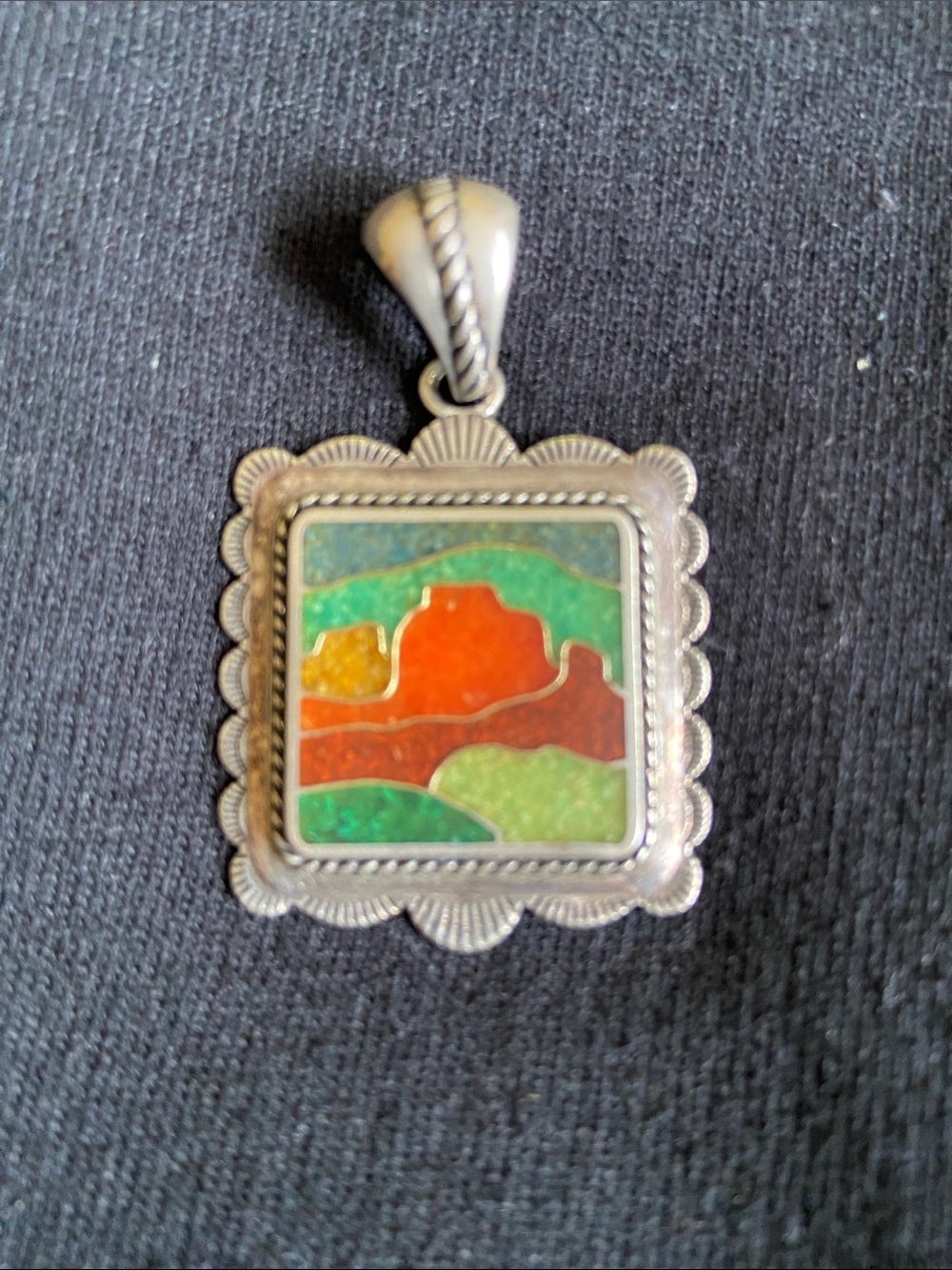 Vintage Relios Southwestern Sterling Silver Carolyn Pollack Mosaic Inlay Pendant